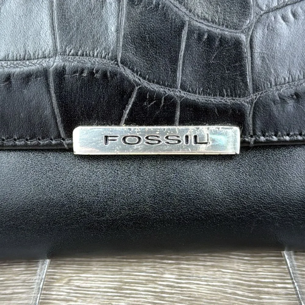 Fossil Black Avenue Croc-Embossed Leather Snap Open Tri-Fold Clutch Wallet